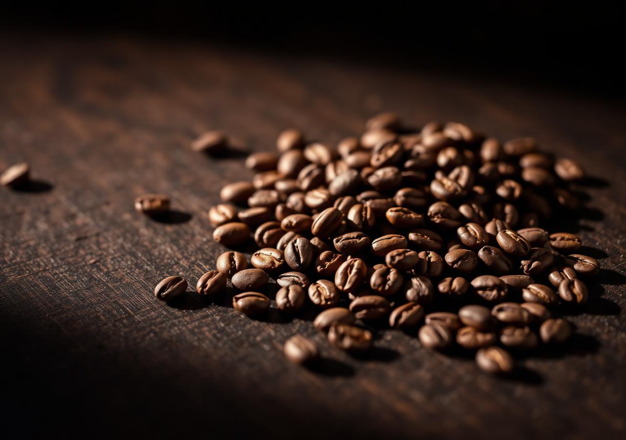 Roasted Chikmagalur coffee beans on dark wood