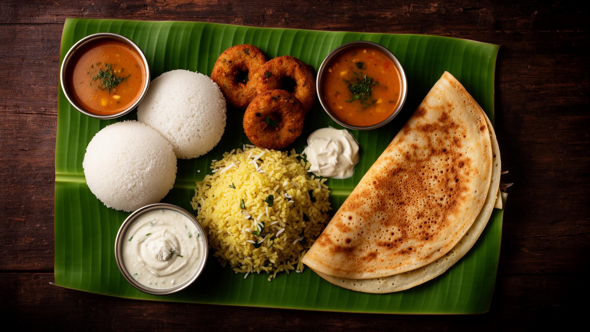 Tamil Nadu vegetarian breakfast spread on banana leaf