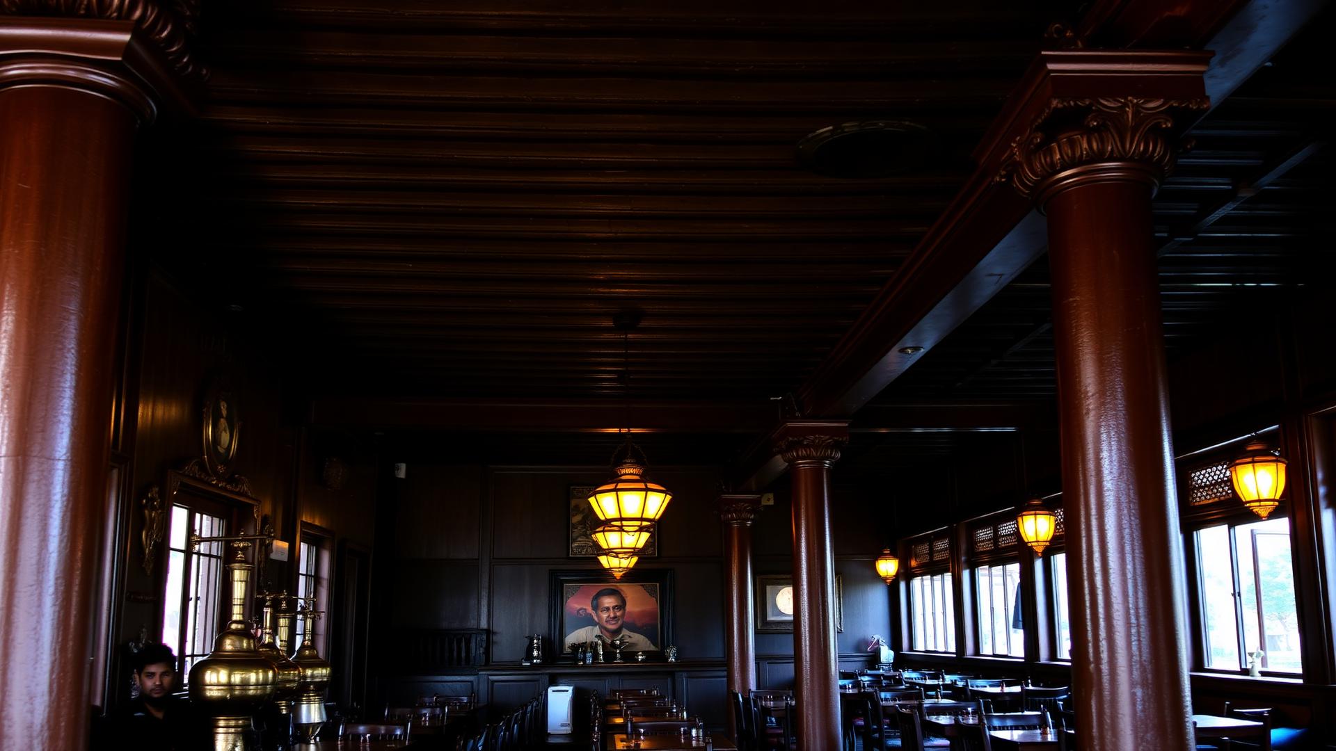 Heritage South Indian coffee house interior with brass vessels